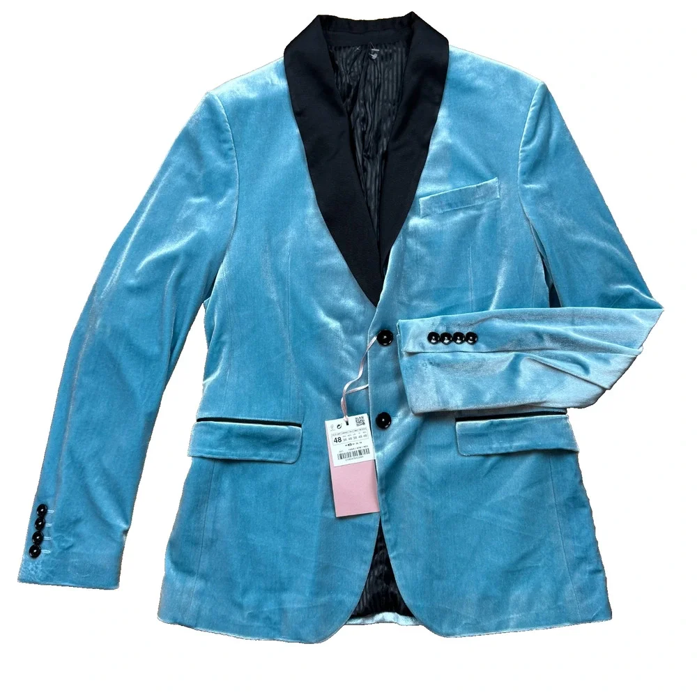 NWT 2017 Rare Zara Man Jacket Blue Velvet Tuxedo Smoking Blazer Shawl Medium 38